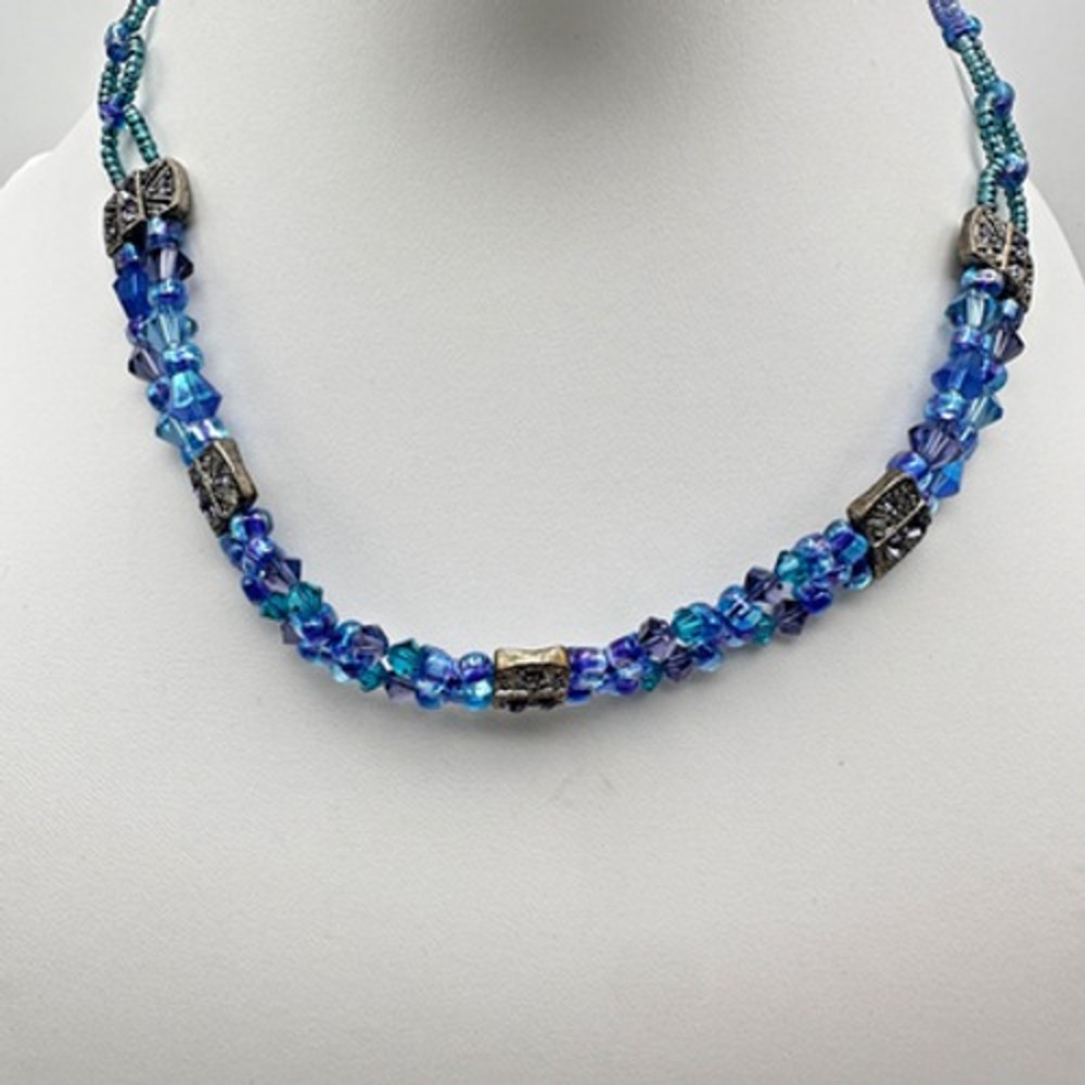 Vintage 90s Blue Crystal Bead Necklace Multi-Strand Silver Tone Women's Jewelry